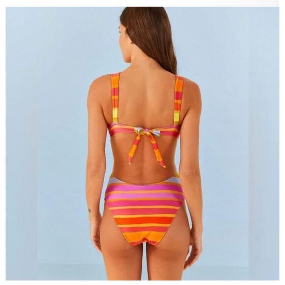 NWT Farm Rio V-Neck Cutout Shiny Stripe Rainbow One-Piece Swimsuit Small Pink - Picture 3 of 9